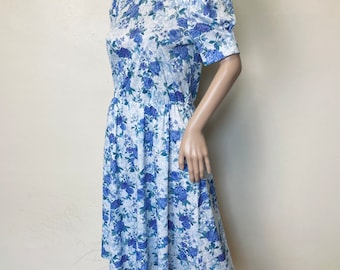 Blue Roses and Lace Print Vintage 80s Puff Sleeve Midi Dress