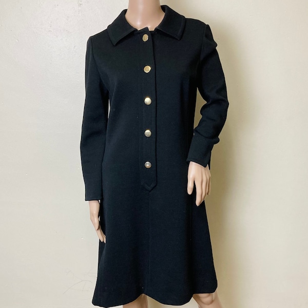 Joseph Horne Co 1950s Vintage Black Wool and Brass Buttons Dress