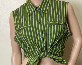 Green Striped Y2K Vintage Collared Sleeveless Button Down Top