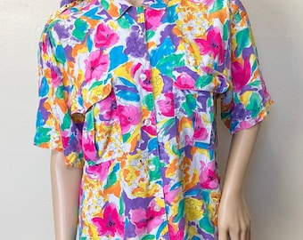 Candy Colored Roses Vintage 80s Button Down Boxy Top