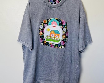 Patchwork Schwein-Haus Vintage überarbeitet Rundhals-T-Shirt