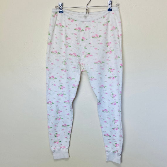 Pink Floral Print Thermal Vintage 70s Cotton Pant… - image 1