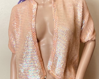 Iridescent Peach Vintage 60s Rainbow Sequin Open Front Cropped Knit Jacket