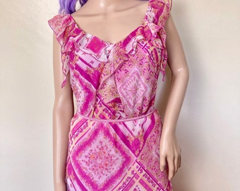 Y2K Vintage 2 Piece Pink Patchwork Print Chiffon Coordinates w Matching Top and Skirt M L