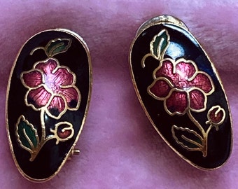 Cloisonné Flower Vintage 80s Pierced Earrings