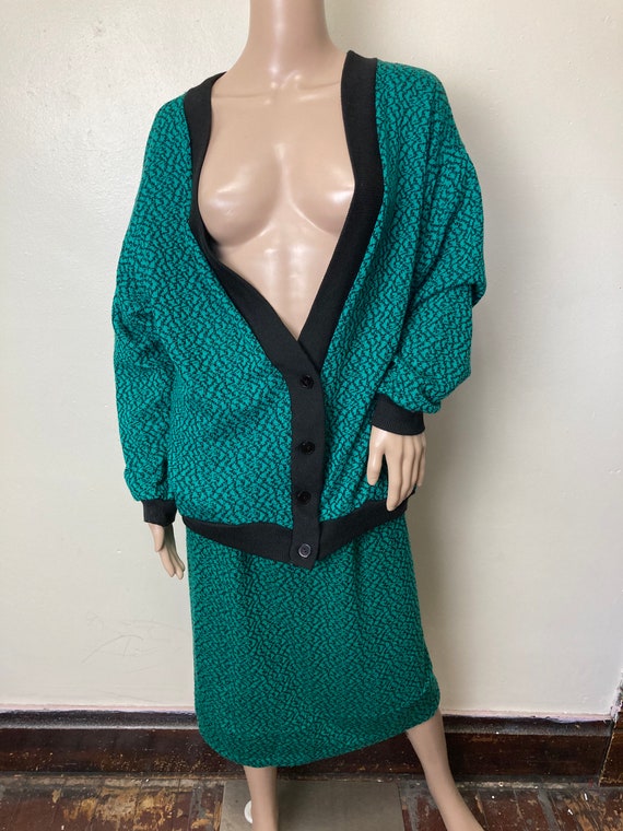 Teal Abstract Vintage 80s Trippy Sweater Cardigan… - image 3