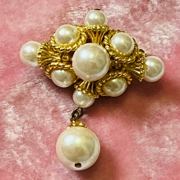 Chunky Gaudy Gold Tone and Pearls Vintage Dangly Bauble Brooch