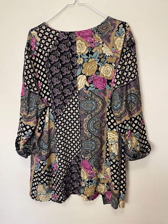 Patchwork Print 90s Open Front Botanical Blouse - image 3