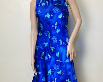 Sapphire Blue Satin Floral 90s Vintage Bias Cut Mini Dress