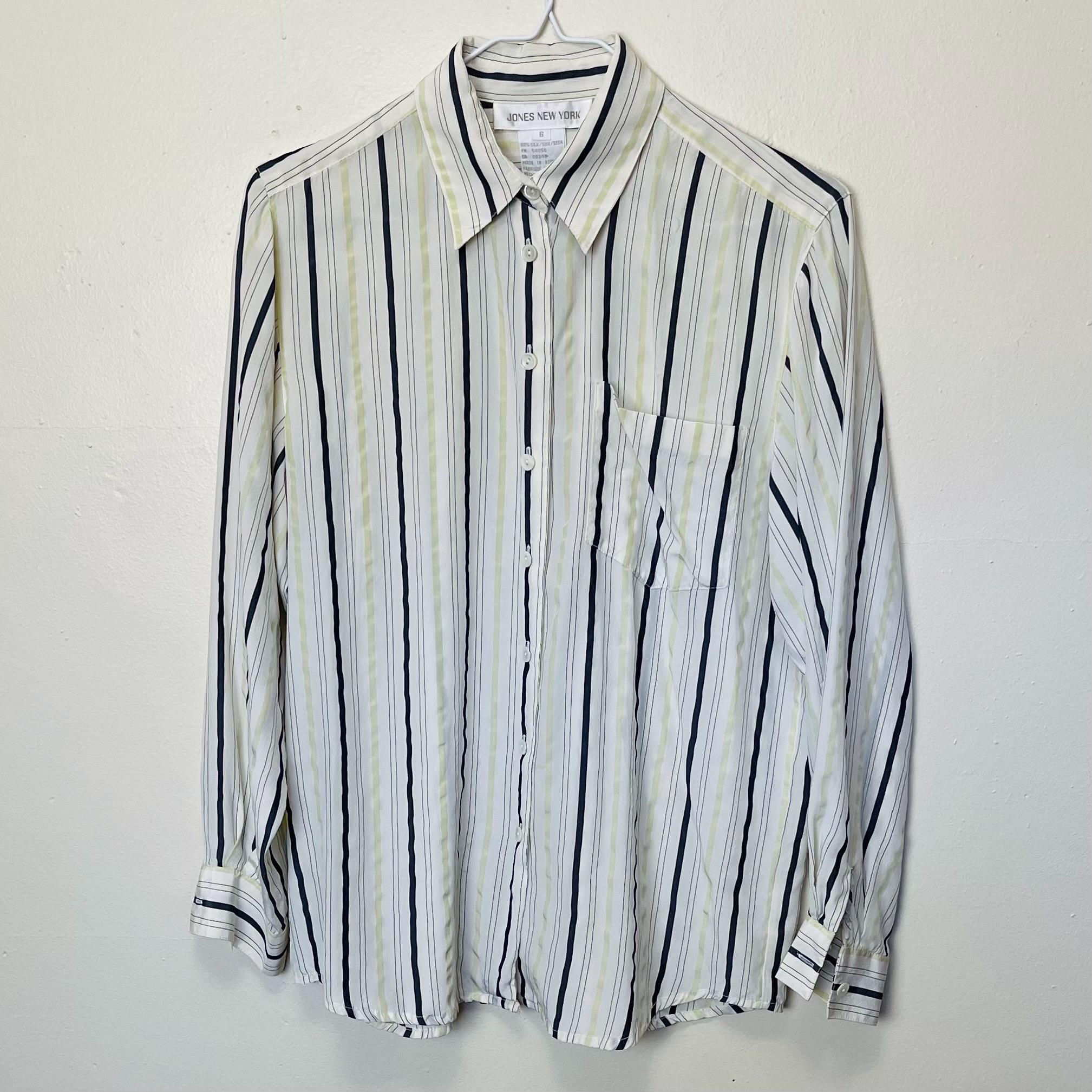 Pure Silk Vintage 90s Striped Jones New York Button Down Collared Top