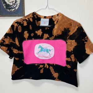 Bleached Out Horsey Crop Top Reworked Patchwork Tee Shirt S