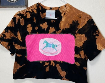 Bleached Out Horsey Crop Top Reworked Patchwork Tee Shirt S