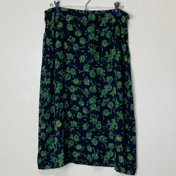 Emerald Green Roses Black Vintage 90s High Waist Chiffon Skirt