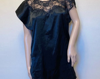 Fredericks of Hollywood Black Satin and Asymmetrical Lace Nightgown