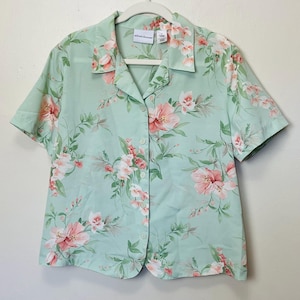 Vintage 90-tals melongrön krageblommig blus L XL