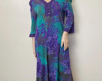 Purple and Green Psychedelic Vintage Soft Rayon Crinkle Boho Dress