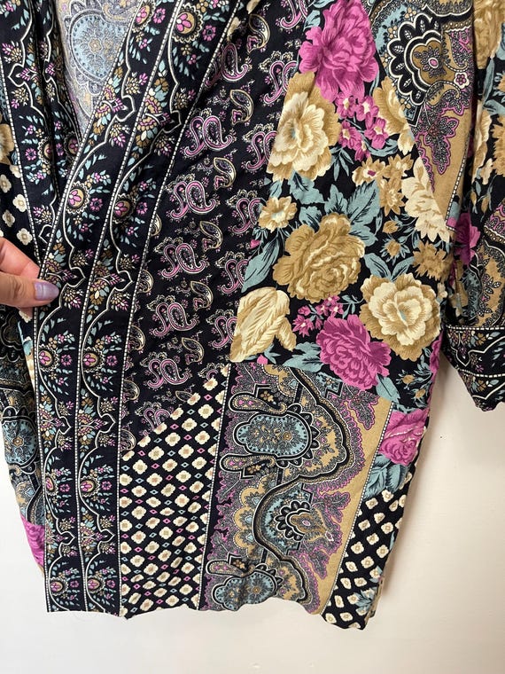 Patchwork Print 90s Open Front Botanical Blouse - image 5
