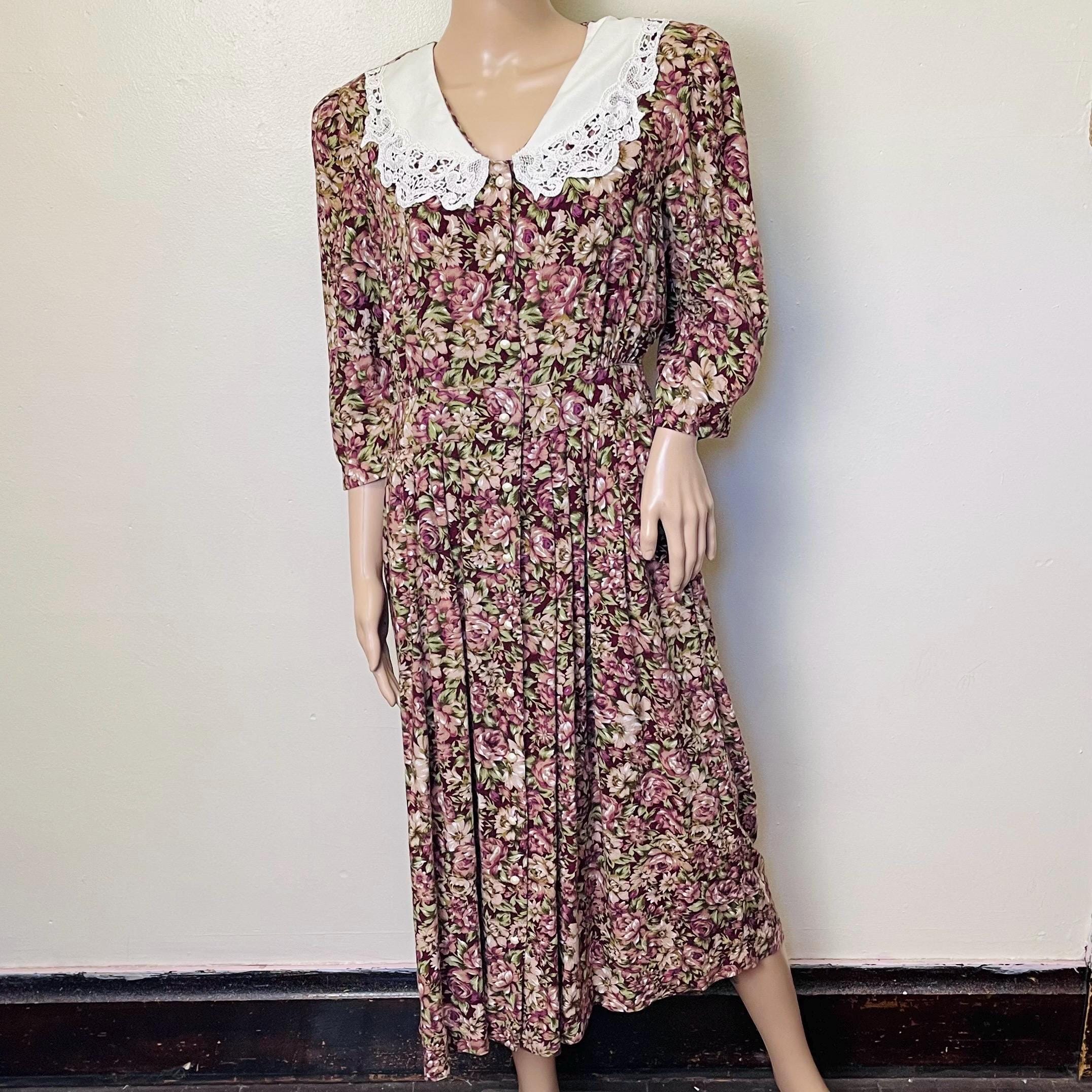 90s collared dress Peter Pan Collared Vintage 90s Fall Floral Midi Dress