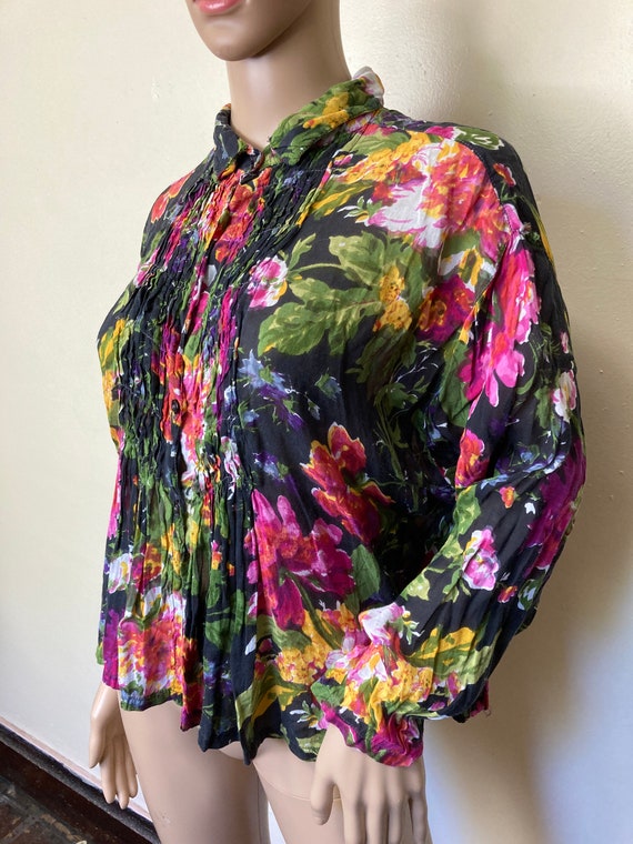 Floral Gauze Vintage 90s Boxy Collared Top - image 3