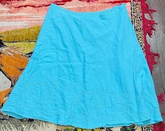 Sky Blue Embroidered Vintage 90s Plus Size Bias Cut Romantic Skirt