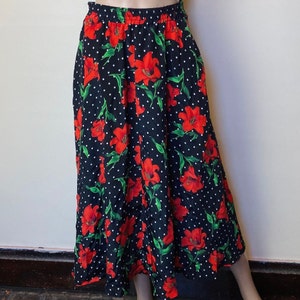 Blood Red Lilies Print Vintage 80s High Waist Skirt S M