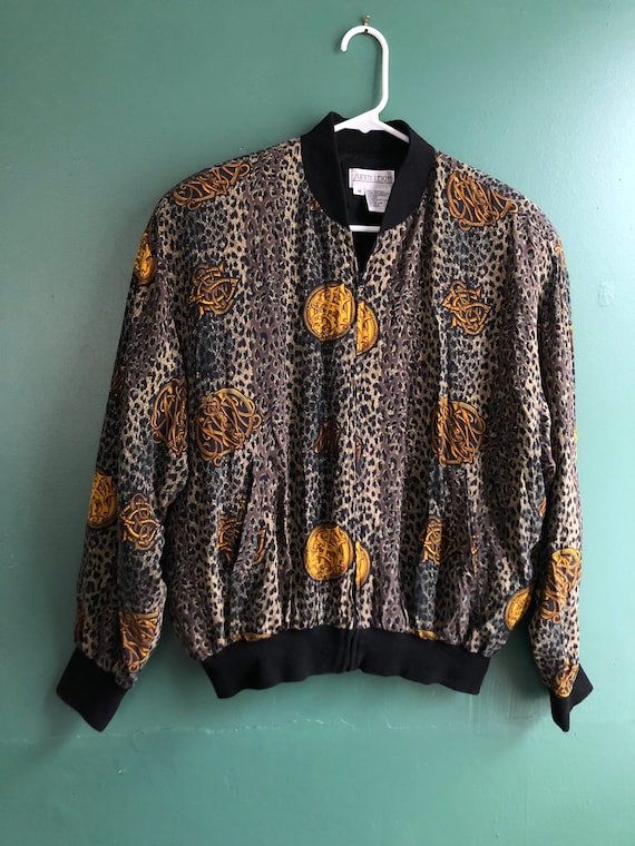 Vintage 80s Pure Silk Leopard Print Bomber Jacket