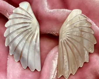 Giant Angel Wing Vintage Artisan Made Carved Mother of Pearl Statement Earrings