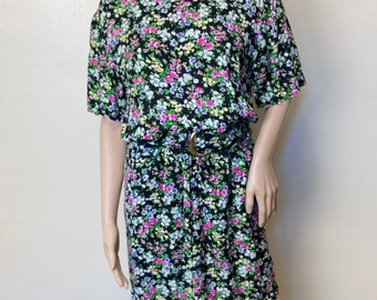 Candy Colored Floral Vintage 80s Belted Mini Dress with Pockets