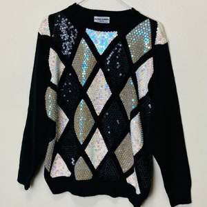 Iridescent Sequin Harlequin Diamonds Vintage 80s Oversize Sweater