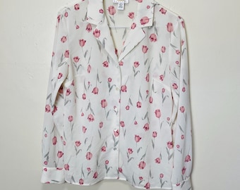 Romantic Sheer Tulip Print Vintage 90s Collared Blouse