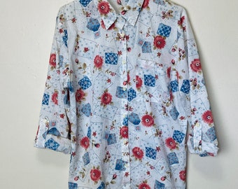 Patchwork Print Vintage 70s Collared Button Down Shirt