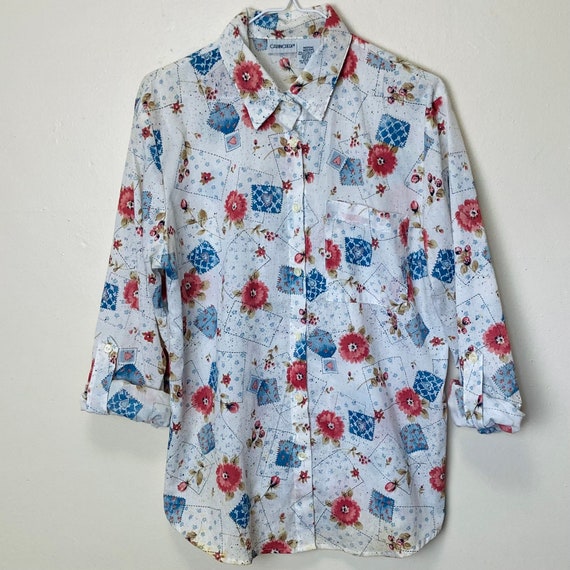 Patchwork Print Vintage 70s Collared Button Down … - image 1
