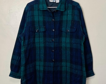 Green and Blue Wool Blend Plaid Vintage 80s Thick Collared Shirt