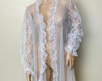 Sheer White Nylon and Lace Vintage 80s Maxi Lingerie Robe