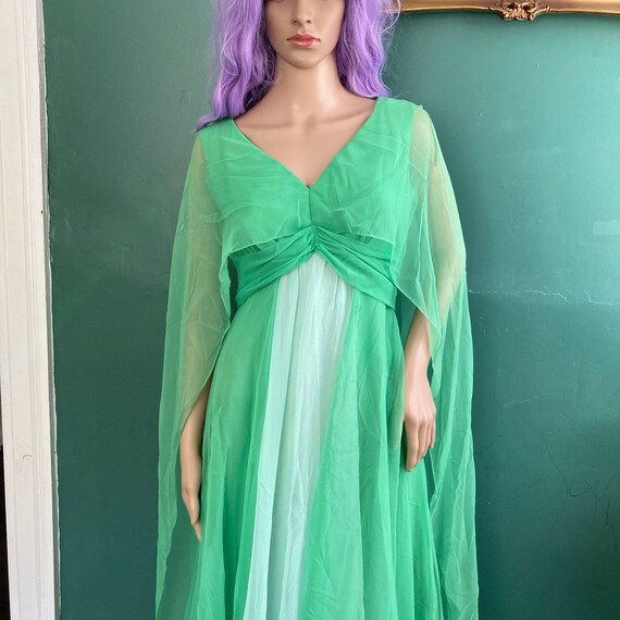 Vintage 1960s Acid Green Chiffon Cape Dress