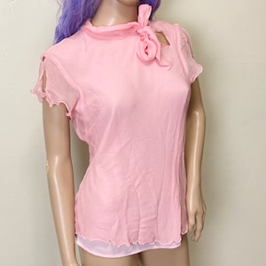 Barbie Pink Silk Vintage 90s Y2K Cut Out Bow Neck Blouse