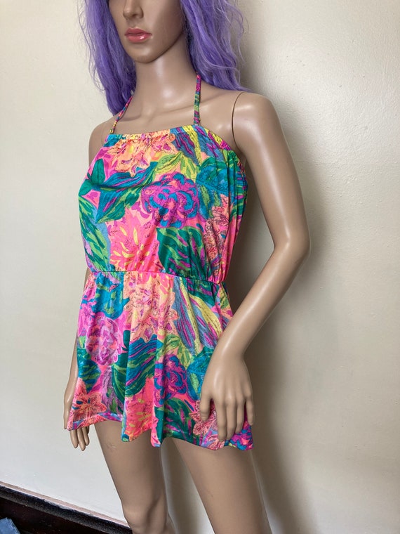 Neon 80s Abstract Floral Mini Dress Swimsuit with… - image 3