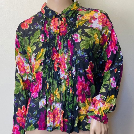 Floral Gauze Vintage 90s Boxy Collared Top - image 1