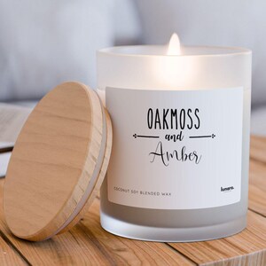 Frosted Glass Oakmoss Amber Candle Scented 11oz with raw Maple lid, Coconut Soy Blended Wax, Unique wooden wick, Gift for Her