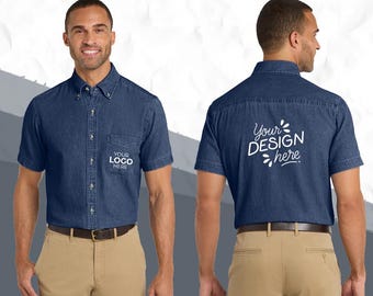 Custom Denim Shirt | Personalized Button Down | Port & Co SP11 | Custom Logo Work Shirt | Embroidered Style Denim | Personalized for Men