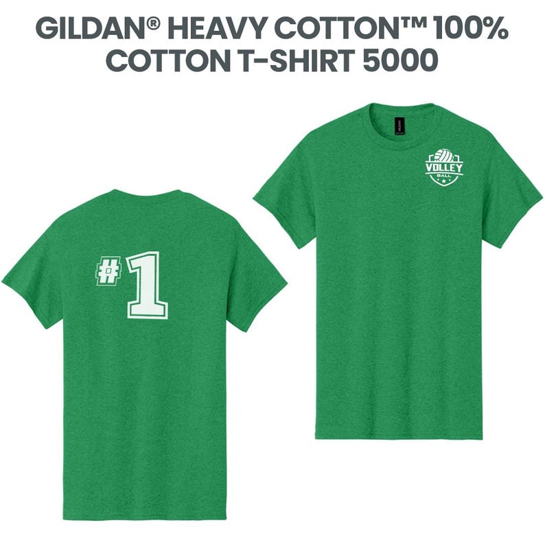 May include: Two green cotton t-shirts. One shirt has a white "#1" on the back. The other shirt has a volleyball logo on the front. The text "GILDAN HEAVY COTTON 100% COTTON T-SHIRT 5000" is at the top.
