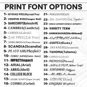 May include: A list of 36 print font options, each with a name and a sample. The fonts range from classic Times Roman to modern Impact and Comic Sans. The text "PRINT FONT OPTIONS" is at the top.