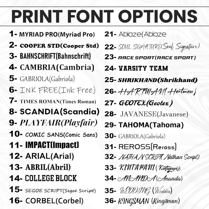 May include: A list of 36 print font options, each with a name and a sample. The fonts range from classic Times Roman to modern Impact and Comic Sans. The text "PRINT FONT OPTIONS" is at the top.