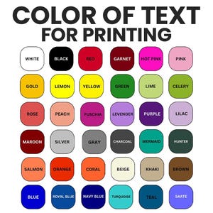 Pu&ograve; includere: Una tabella colori per la stampa di testo, con una variet&agrave; di campioni di colore. La tabella include colori come bianco, nero, rosso e rosa, oltre a sfumature di oro, giallo, verde e blu. Il testo in alto recita "COLORE DEL TESTO PER LA STAMPA".