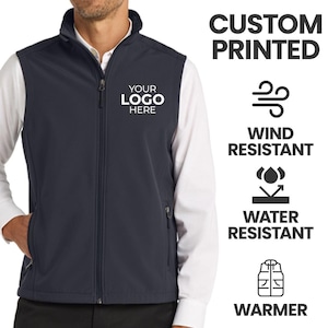 May include: A navy blue vest with a full zipper, side pockets, and a white logo area that says "YOUR LOGO HERE." The vest is labeled "CUSTOM PRINTED," "WIND RESISTANT," "WATER RESISTANT," and "WARMER."
