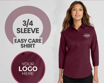 Custom Women’s Work Shirt | Personalized 3/4 Sleeve Blouse | Custom Logo Office Shirt | Port Authority L612 | Wrinkle Resistant Shirt