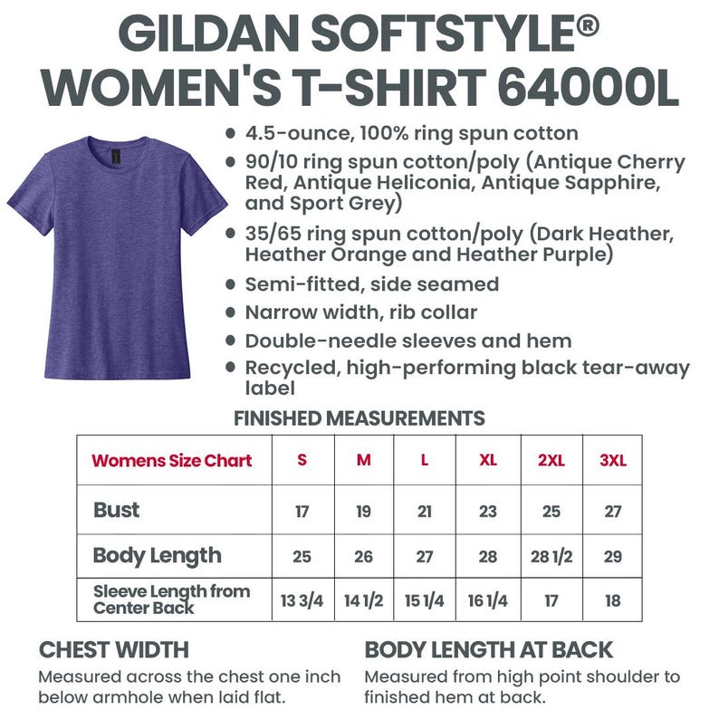 Pu&ograve; includere: Una maglietta viola Gildan Softstyle da donna, tabella taglie inclusa. La maglietta &egrave; realizzata in cotone filato ad anello e ha un design semi-aderente. Le misure sono fornite per il busto, la lunghezza del corpo e la lunghezza delle maniche.