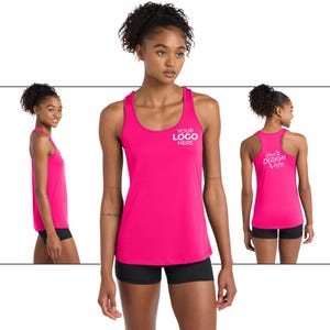 May include: A vibrant pink racerback tank top with the text "YOUR LOGO HERE" on the front and "Your Design Here" on the back. The tank top is paired with black shorts. The image shows the tank top from multiple angles.