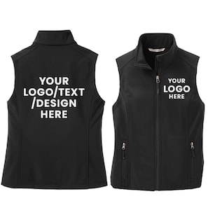 May include: Black vest with a full zipper and two side pockets. The vest has the text "YOUR LOGO/TEXT /DESIGN HERE" printed on the back and "YOUR LOGO HERE" on the front. The vest is shown from the front and back.