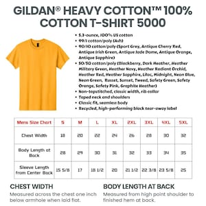 May include: A yellow Gildan Heavy Cotton T-Shirt 5000. The image includes a size chart with chest width measurements from 18 to 32 inches and body length measurements from 28 to 35 inches. The shirt is made of 100% cotton.
